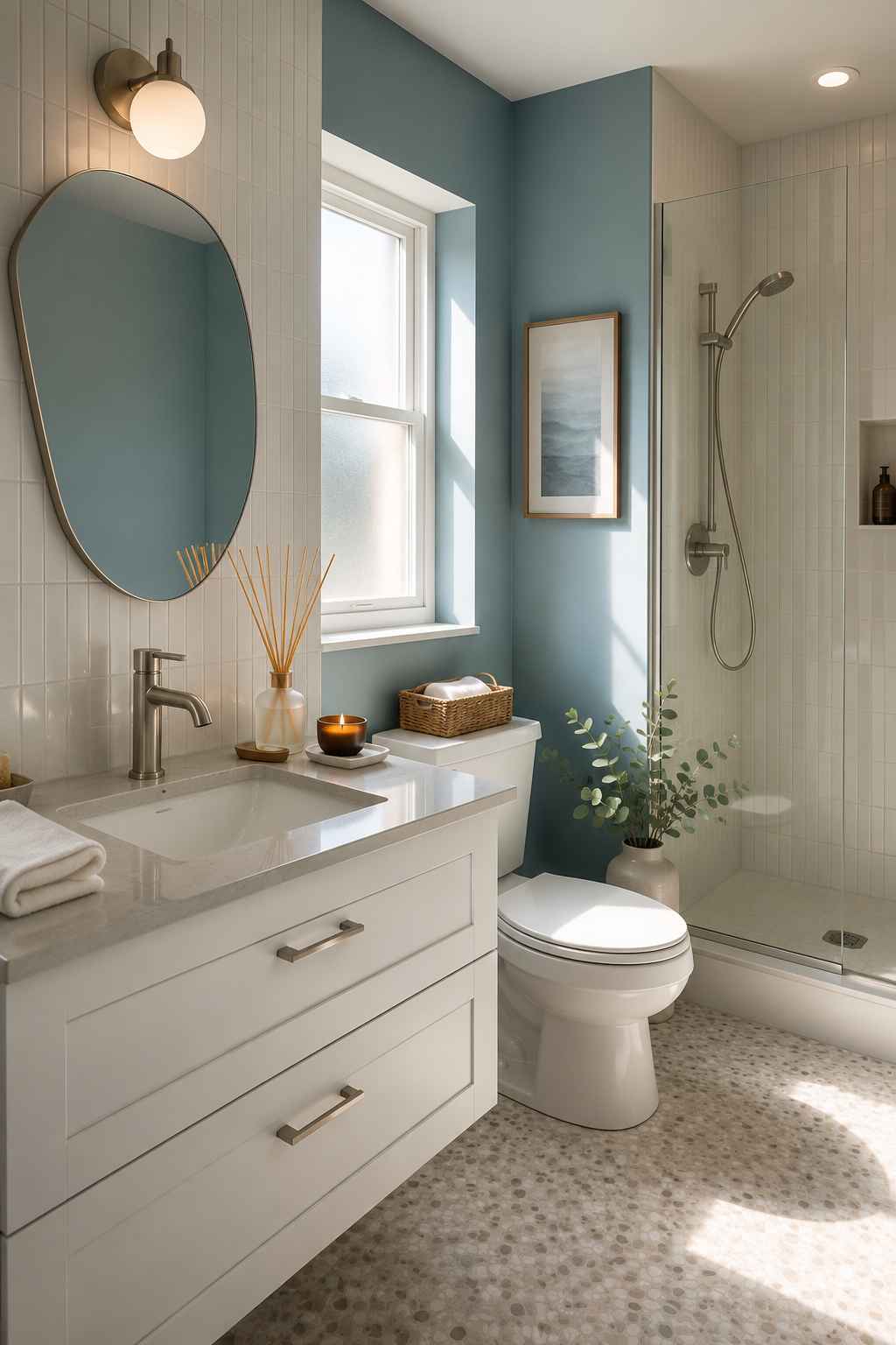 Bright modern bathroom featuring a white vanity, blue accent wall, oval mirror, walk-in glass shower, fragnance sticks, scented candle, brushed nickel fixtures, pebble floor, and minimalist decor.
