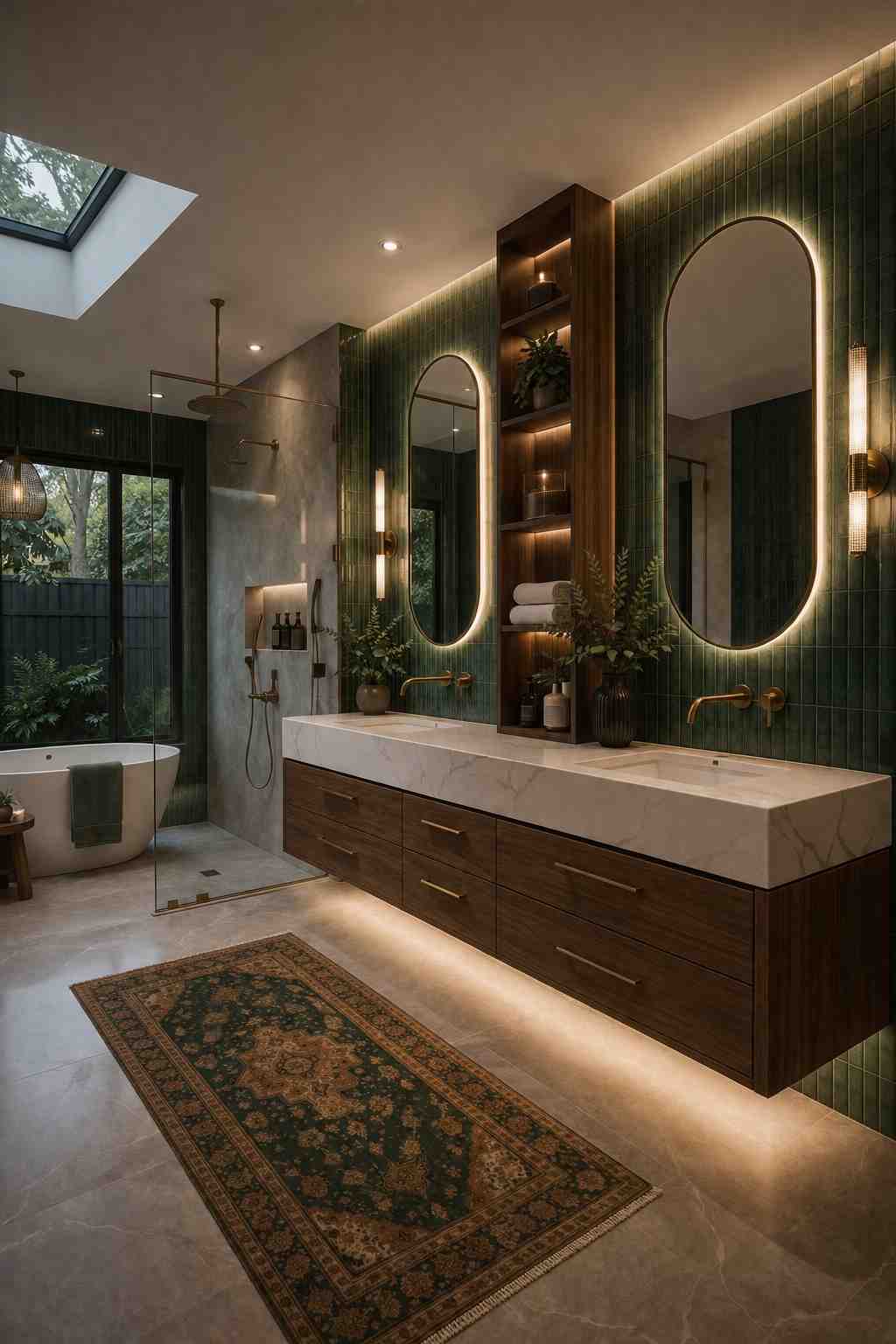 Elegant luxury bathroom featuring a floating walnut double vanity with a white stone countertop, twin backlit arched mirrors, illuminated open shelving, deep green tiled accent walls, a glass walk-in shower, a freestanding bathtub, and warm ambient lighting creating a sophisticated spa-inspired retreat. 