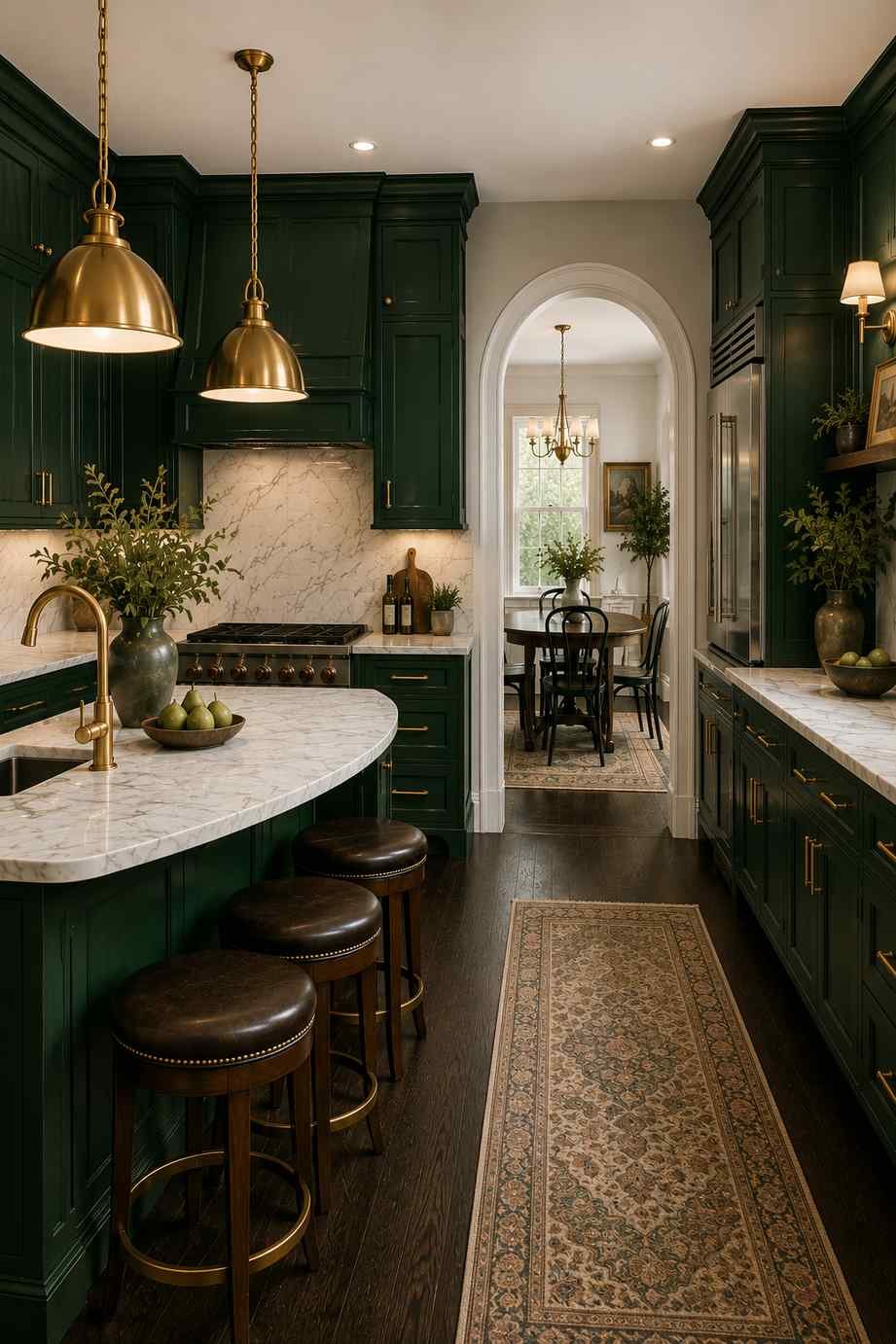 A luxurious kitchen featuring deep emerald-green cabinets with warm brass hardware, honed white marble countertops with soft gray veining, brass pendant lights, dark wood flooring, and a graceful arched doorway leading to a cozy dining area. The rich color palette and elegant finishes create a bold yet timeless space.