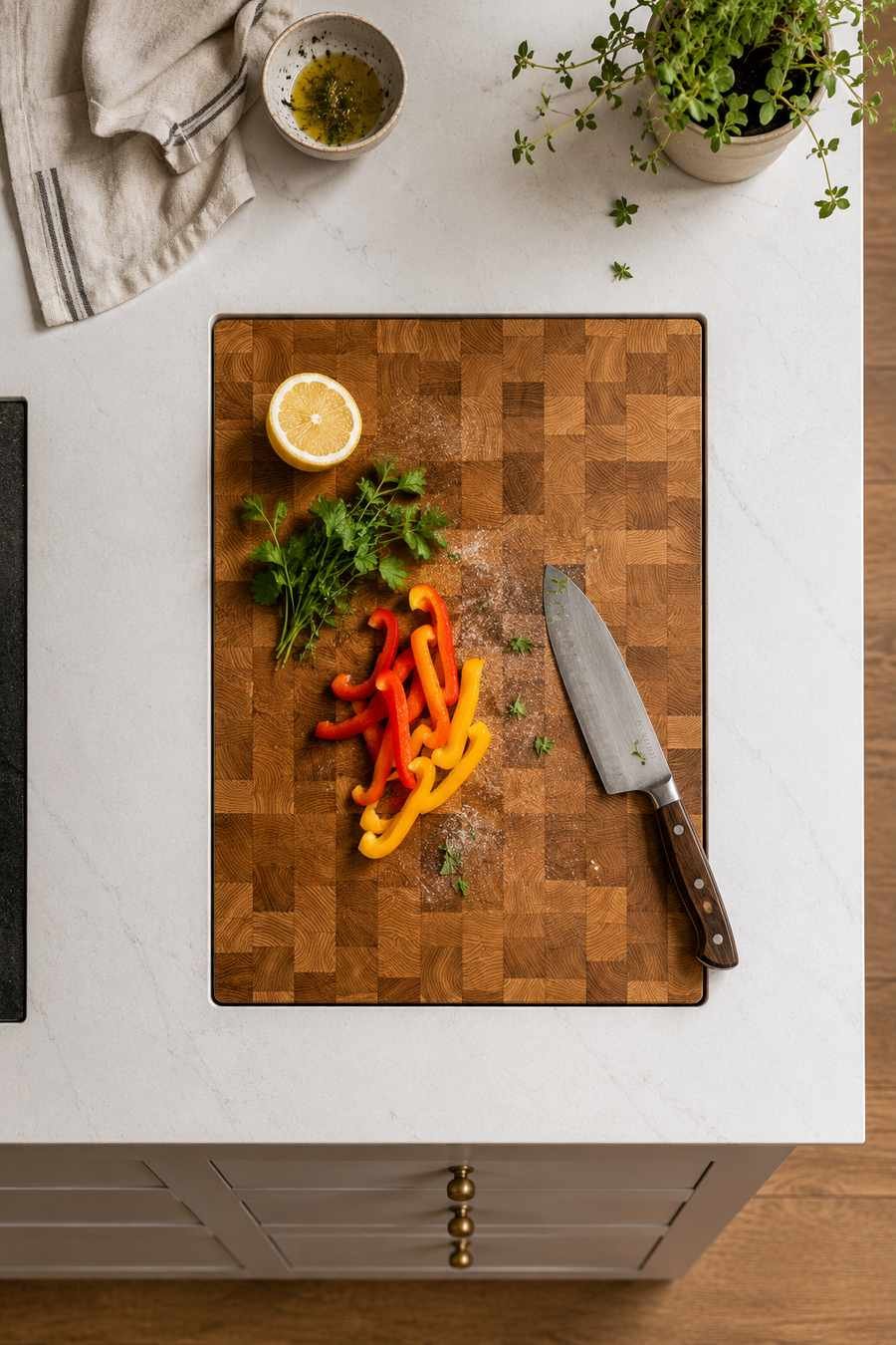 Top-down flat lay of a white quartz kitchen countertop featuring a flush-mounted end grain butcher block cutting board insert with a chef's knife, sliced bell peppers, fresh parsley, half a lemon, and minimalist kitchen accessories in bright natural light.