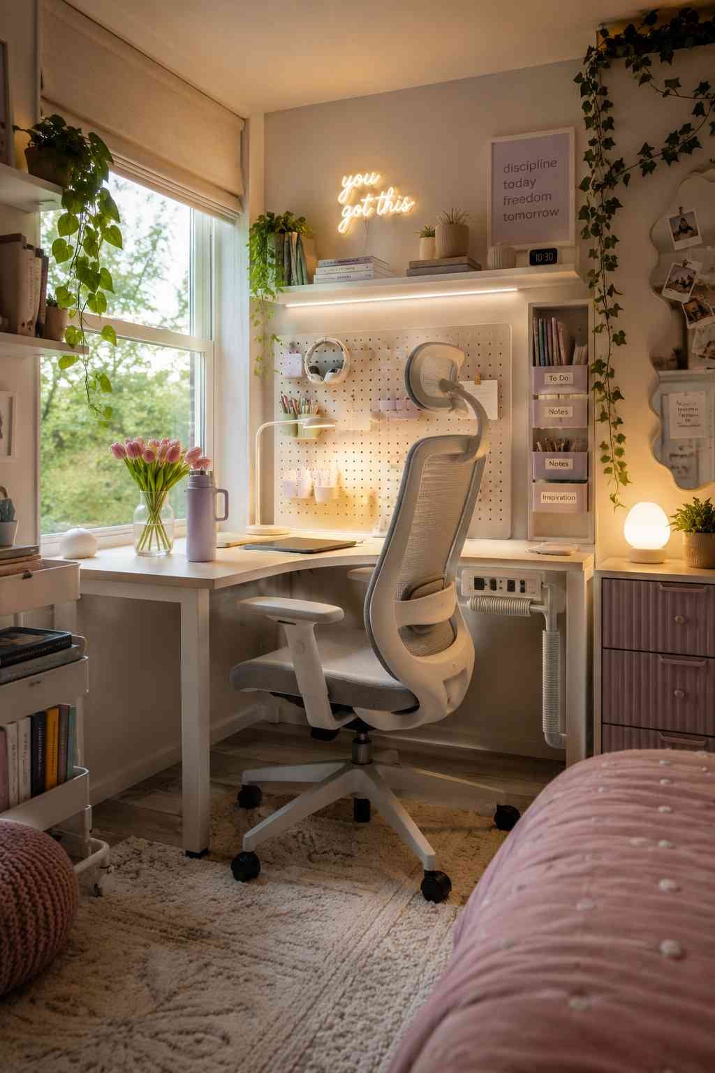 Ergonomic study desk setup with task lighting near a window in a teen bedroom.