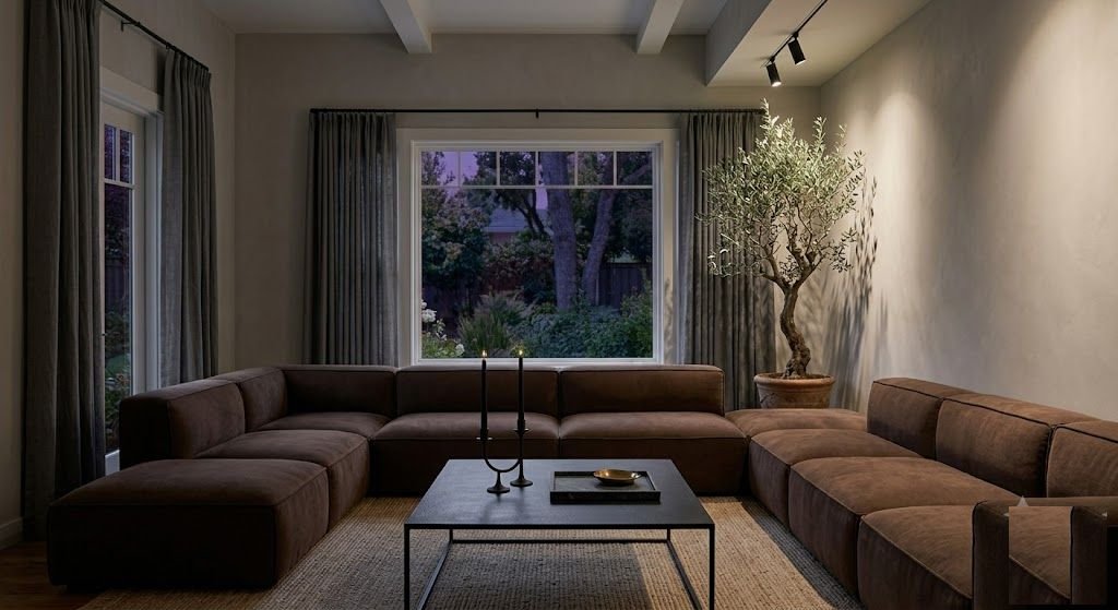 Espresso brushed cotton modular sectional on stone-gray
walls, shot from a low dramatic angle, with a black metal coffee table and an olive tree