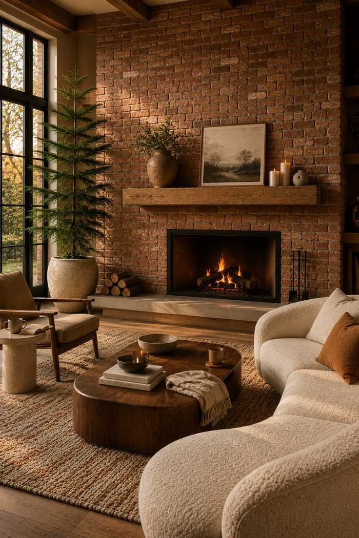A cozy living room with a floor-to-ceiling exposed brick fireplace, floating wood mantel, curved cream sofa, walnut coffee table, and warm firelight creating a timeless, welcoming atmosphere.