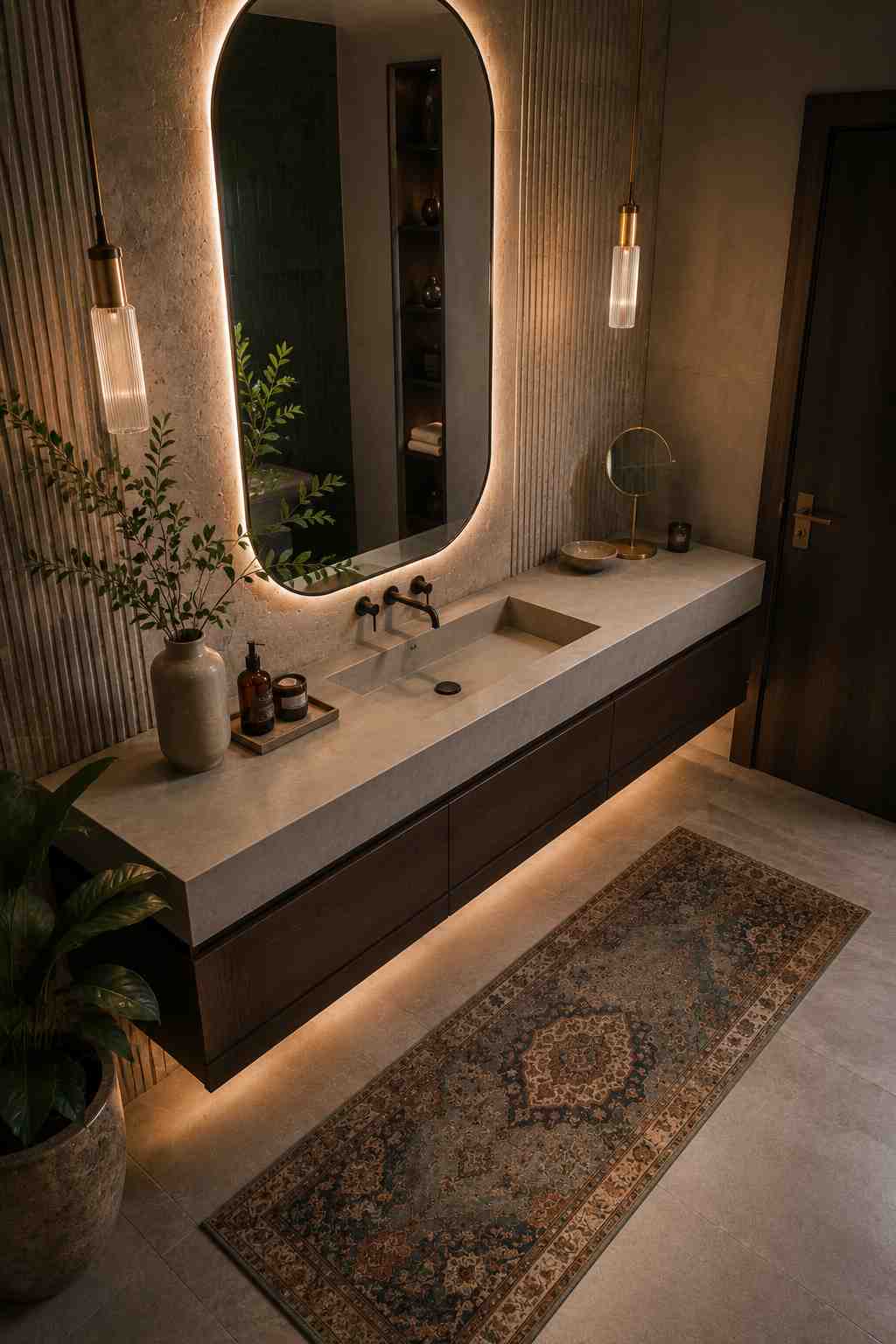 Modern luxury bathroom featuring a floating dark wood vanity with an integrated stone sink, a large backlit arched mirror, warm pendant lighting, textured wall panels, under-vanity ambient lighting, and a vintage-style runner rug creating a refined spa-like atmosphere.