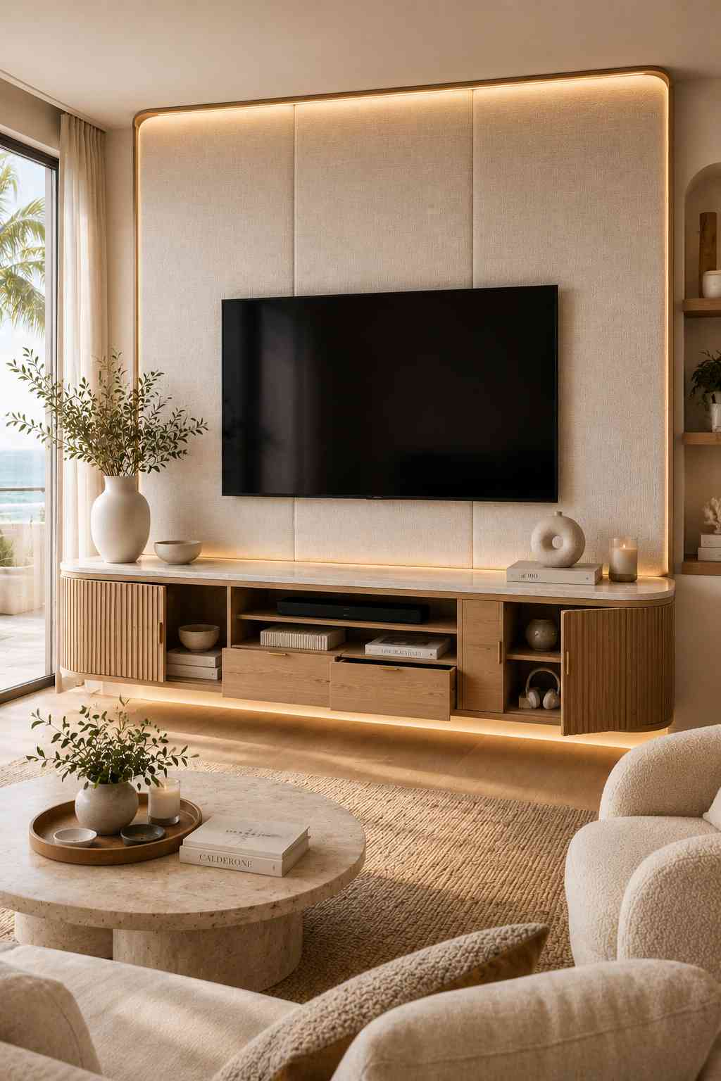 A warm Organic Modern living room featuring a wall-mounted TV set against textured fabric panels with soft ambient lighting. Below, a floating oak media console combines fluted cabinets, open shelving, and designer drawers to provide stylish storage for media devices, books, baskets, and dรฉcor, creating a cozy coastal-inspired entertainment wall.