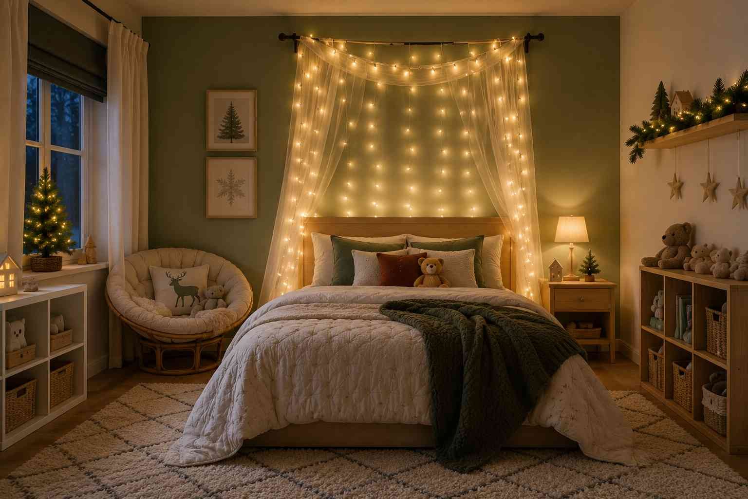 Warm Christmas-themed kids' bedroom with a fairy light canopy above the bed, green accent wall, festive pillows, mini Christmas trees, and cozy holiday decor.