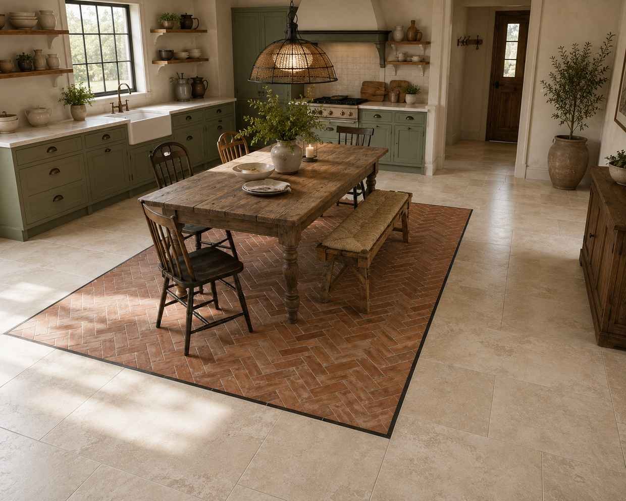 Farmhouse-style eat-in kitchen featuring soft ivory limestone-look porcelain floor tiles with a bordered terracotta herringbone tile inset beneath a reclaimed wood dining table. Sage green shaker cabinets, open wood shelving, woven bench seating, and warm natural light create a cozy, rustic atmosphere.