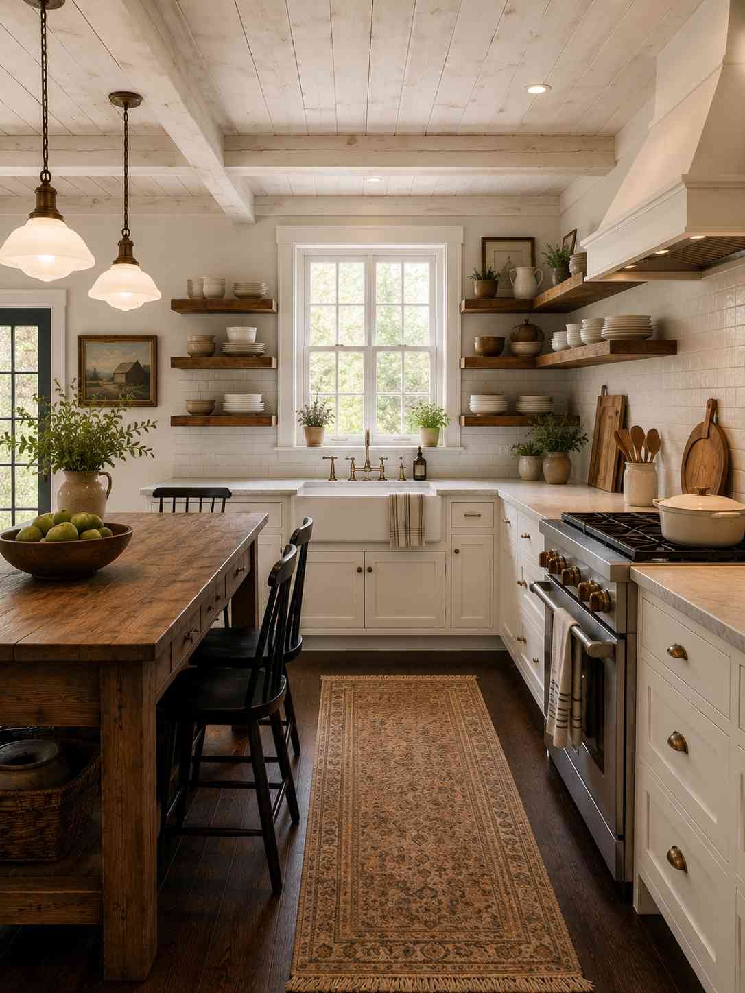 A bright farmhouse kitchen featuring a whitewashed shiplap ceiling with exposed beams, a white fireclay apron-front sink beneath a large window, open wooden shelves displaying everyday crockery, white cabinetry, dark wood flooring, and a rustic wood island. The warm, lived-in design blends timeless farmhouse charm with practical everyday functionality.