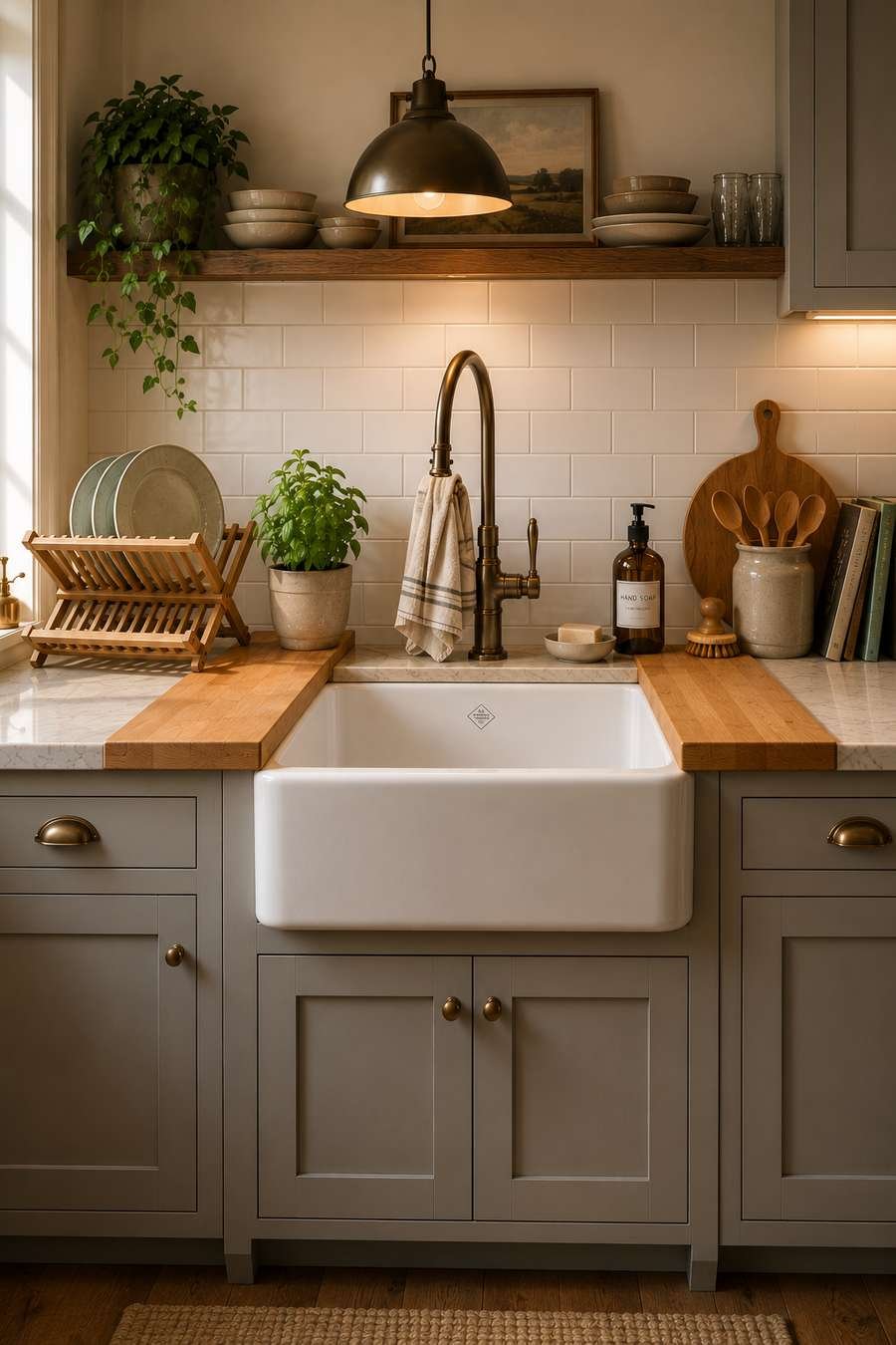 Elegant farmhouse kitchen with a white apron-front sink, butcher block countertop accents, marble-look quartz countertops, brass gooseneck faucet, warm gray shaker cabinets, white subway tile backsplash, and soft pendant lighting.