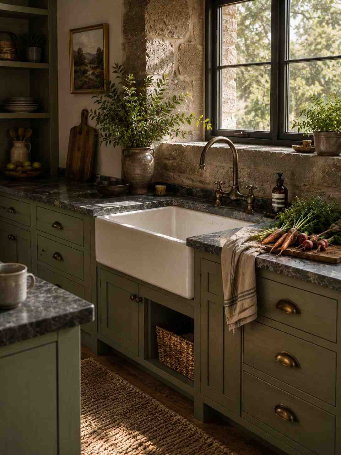 A matte fireclay farmhouse sink sits beneath a deep stone window, paired with an aged bronze gooseneck faucet and a honed soapstone countertop. Freshly picked garden vegetables, a folded linen towel, and sage-green shaker cabinets create a calm, lived-in kitchen with timeless rustic character.