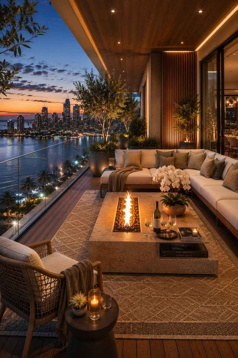 A modern luxury balcony featuring a built-in linear fire feature set within a travertine coffee table, surrounded by a plush outdoor sectional sofa, woven lounge chair, neutral outdoor rug, and lush designer planters. Warm ambient lighting, frameless glass railings, and panoramic waterfront city skyline views at dusk create a cozy five-star resort-inspired outdoor living space.