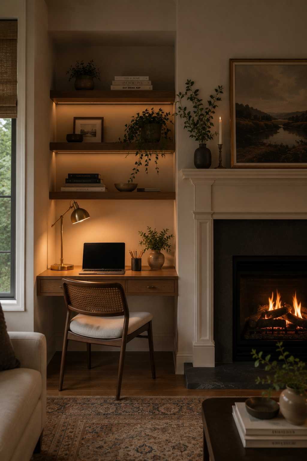 Built-in desk in the alcove beside a fireplace with warm wood shelving above, soft firelight, books, and a small lamp.