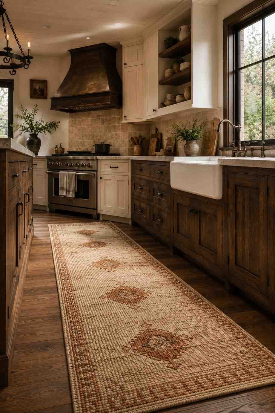 A handwoven flat-weave wool runner in warm oatmeal and rust tones stretches across wide-plank wood flooring in a highland kitchen. Positioned in front of a farmhouse sink, the textured rug is illuminated by soft natural light that highlights its woven detail while complementing the warm wood cabinetry and rustic finishes.