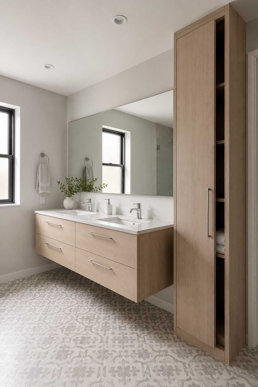 Floating oak double bathroom vanity with floor-to-ceiling storage cabinet