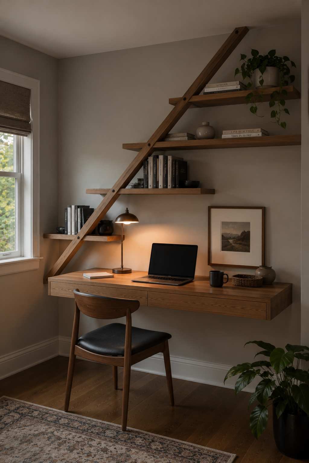 Floating wood desk with a diagonal ladder-style shelf above holding books and a small warm lamp, minimalist home office styling.