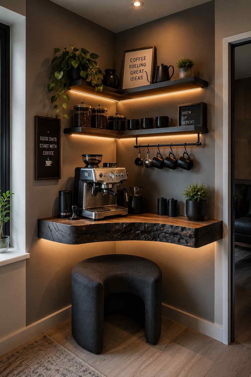 A cozy coffee corner with floating shelves, an espresso machine, black mugs, and soft LED lighting in a modern home.