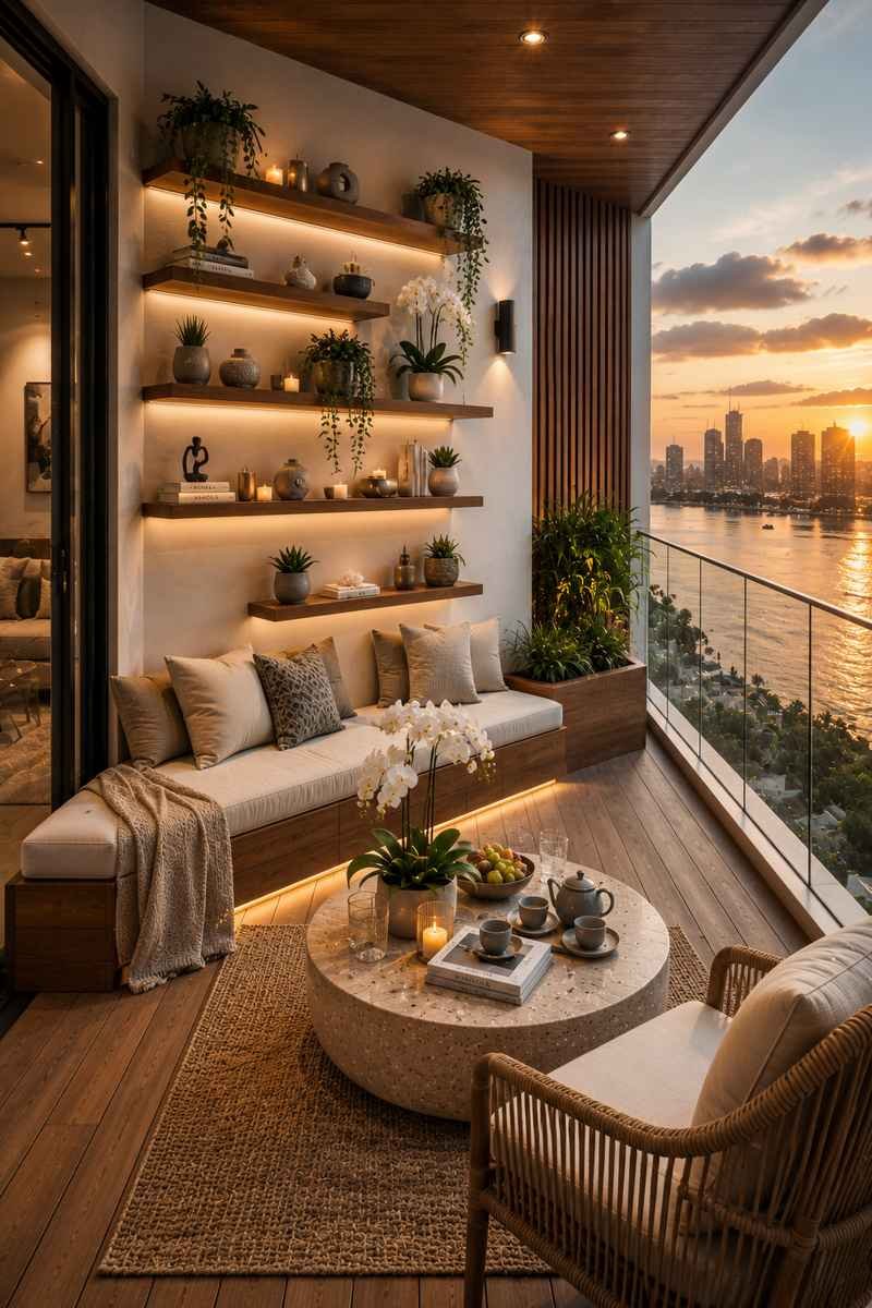 A modern balcony with floating wooden shelves displaying small plants, candles, and decorative pieces above a built-in bench, creating a cozy outdoor space with beautiful waterfront sunset views.