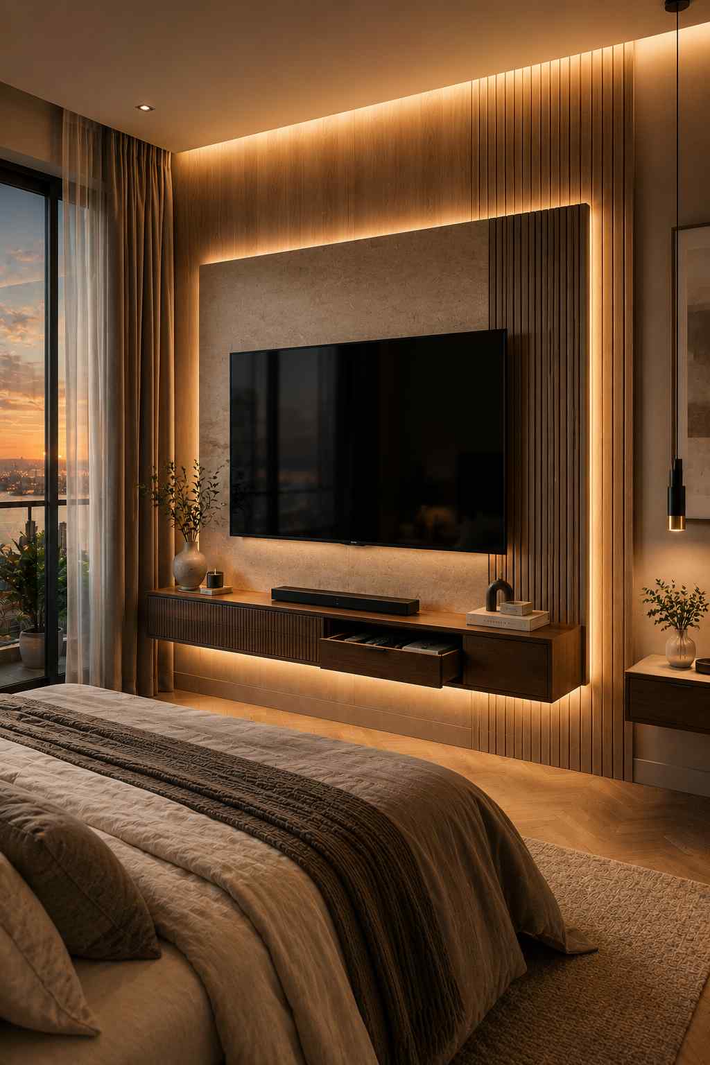 A luxurious modern bedroom featuring a floating wall-mounted TV panel with warm wood slats, a stone accent, and soft LED backlighting. A slim floating media shelf with a hidden drawer provides discreet storage for remotes and media devices, while the cozy bed, layered bedding, and sunset views create a relaxing hotel-inspired atmosphere.