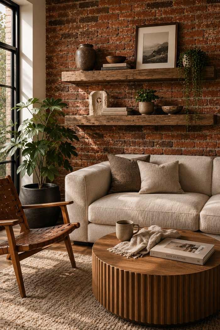 A cozy living room with reclaimed floating wood shelves mounted on an exposed brick wall, styled with books, ceramic decor, framed artwork, and small plants above a neutral sofa.