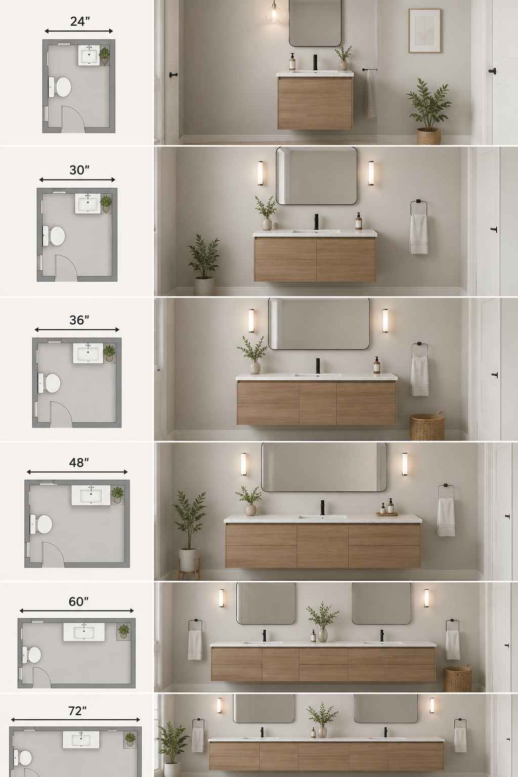 Bathroom vanity size guide comparing 24-inch, 30-inch, 36-inch, 48-inch, 60-inch, and 72-inch vanities. Each row includes a simple floor plan showing the vanity footprint alongside a front elevation, illustrating how vanity width, storage, sink configuration, and mirror size increase from compact single-sink designs to spacious double-sink layouts.