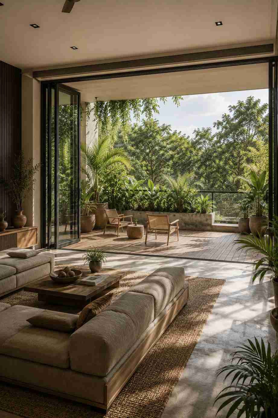 Modern indoor outdoor living room with folding glass doors opening to a lush garden terrace.