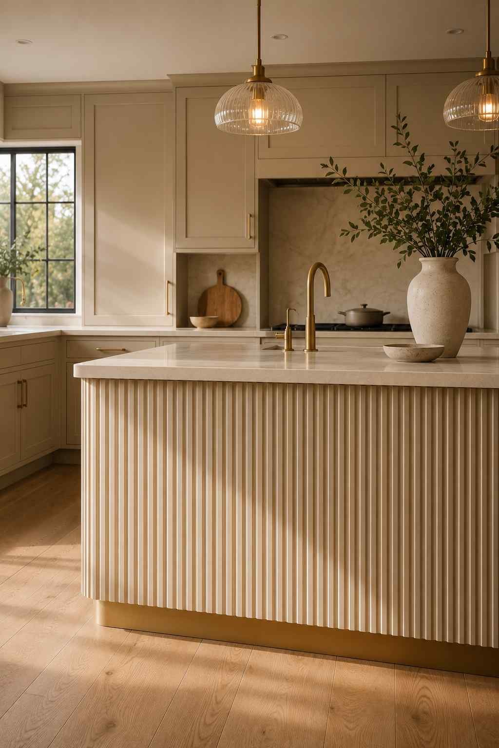 Modern kitchen featuring a fluted beige island, matching warm beige shaker cabinets, cream stone countertops, brass accents, white oak flooring, and soft natural light highlighting the textured island design.