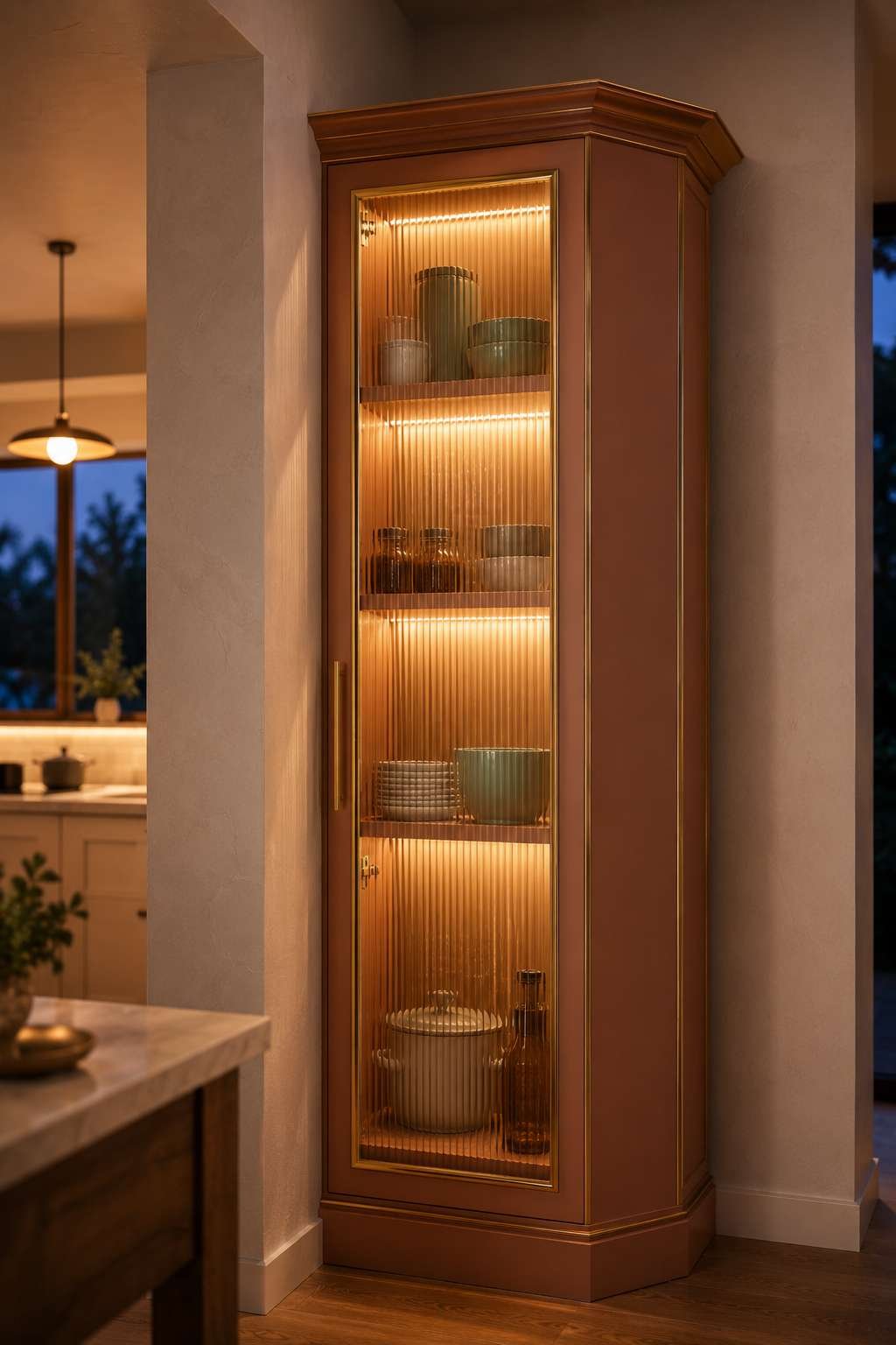 Tall corner kitchen cabinet with fluted glass doors, brass trim, warm LED shelf lighting, and muted terracotta cabinetry, creating an elegant storage solution for a small kitchen at dusk.