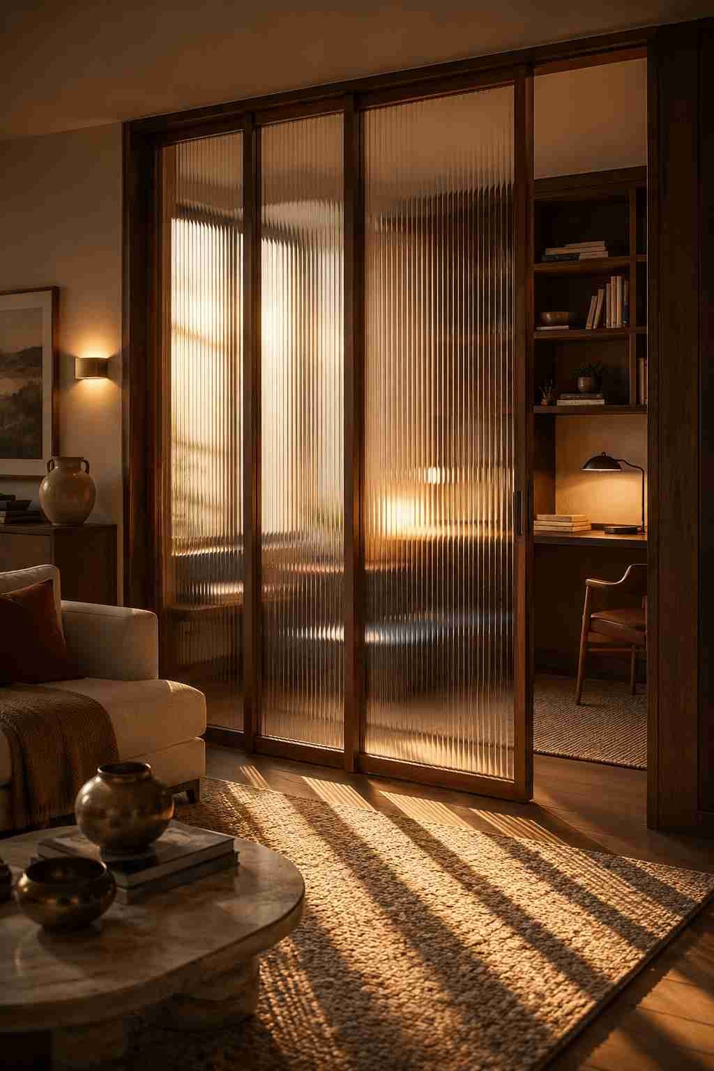 Reeded glass sliding partition separating a cozy living room and home office with warm walnut frames and soft evening lighting.