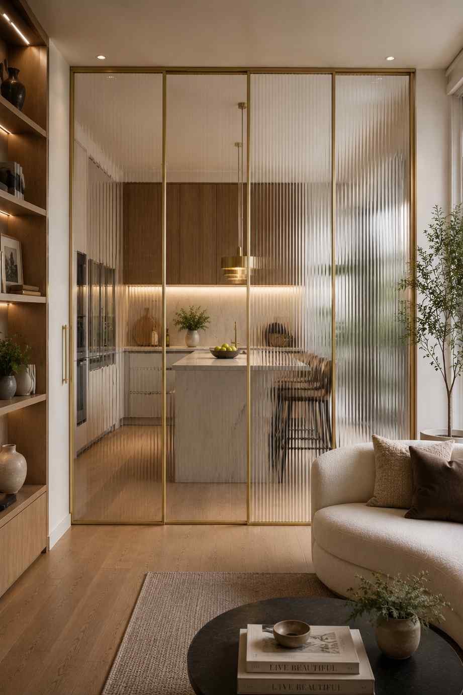 A stylish modern home featuring a floor-to-ceiling fluted glass partition with a slim brass frame separating the kitchen from the living room. The ribbed glass softly blurs the view of the kitchen while allowing plenty of natural light to pass through, creating a warm, elegant space with a boutique hotel-inspired feel.
