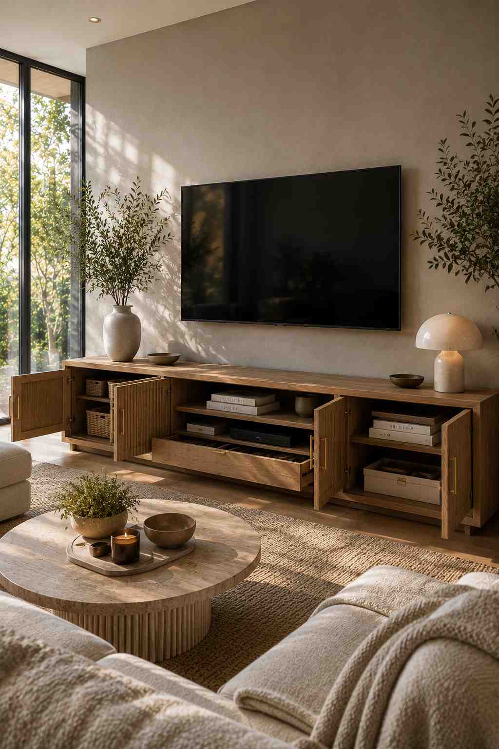 A warm, contemporary living room featuring a fluted wood TV unit with brass handles and multiple storage compartments opened to reveal shelves, drawers, woven baskets, and neatly organized dรฉcor. Soft natural light from large windows highlights the textured wood, creating a cozy Organic Modern feel.