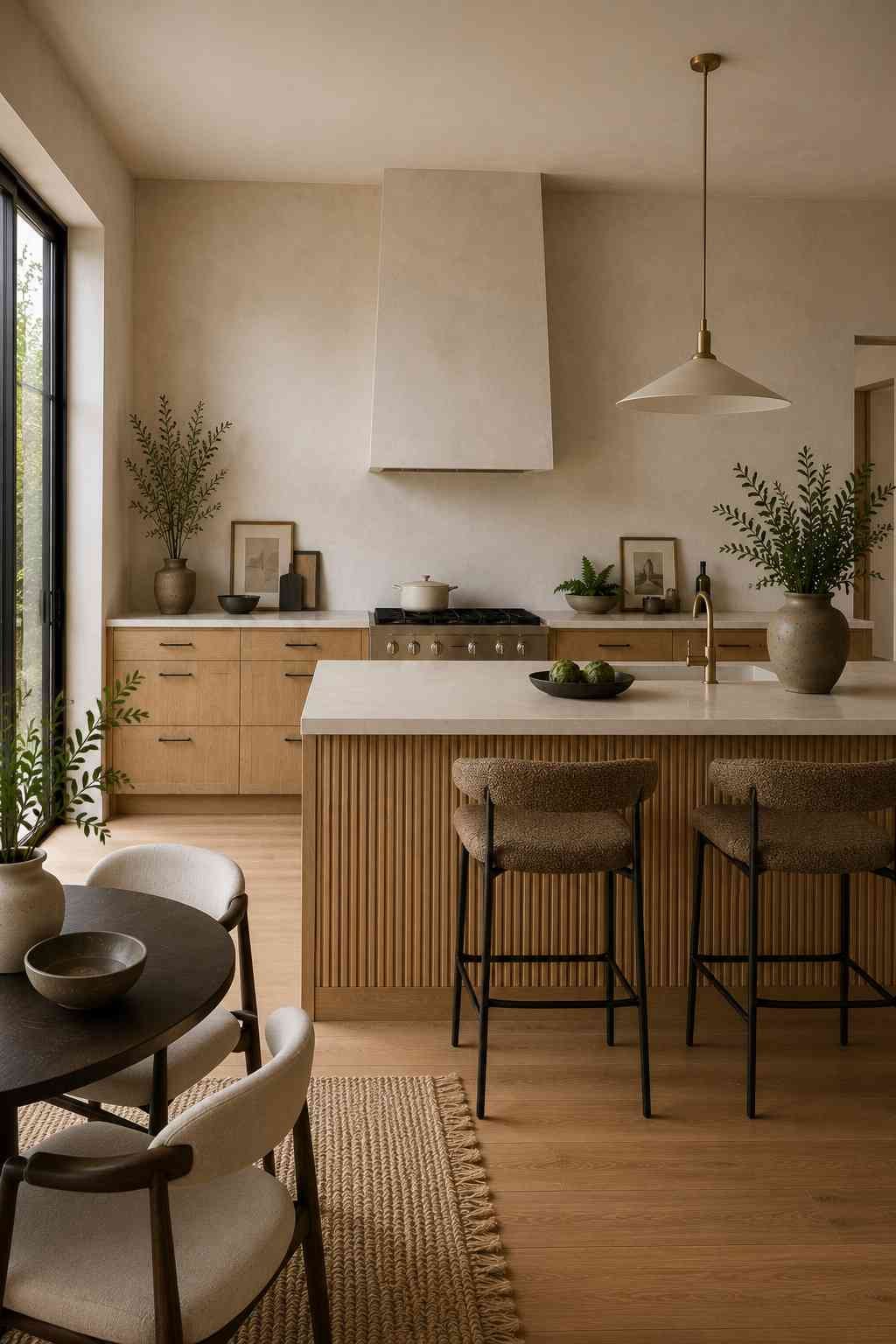Ultra-realistic contemporary kitchen featuring a fluted white oak island with vertical rounded grooves, flat white oak perimeter cabinets, a honed light stone countertop, upholstered bar stools, a round dining table with modern chairs, warm plaster walls, brass fixtures, warm oak flooring, and abundant natural daylight in a refined organic design.