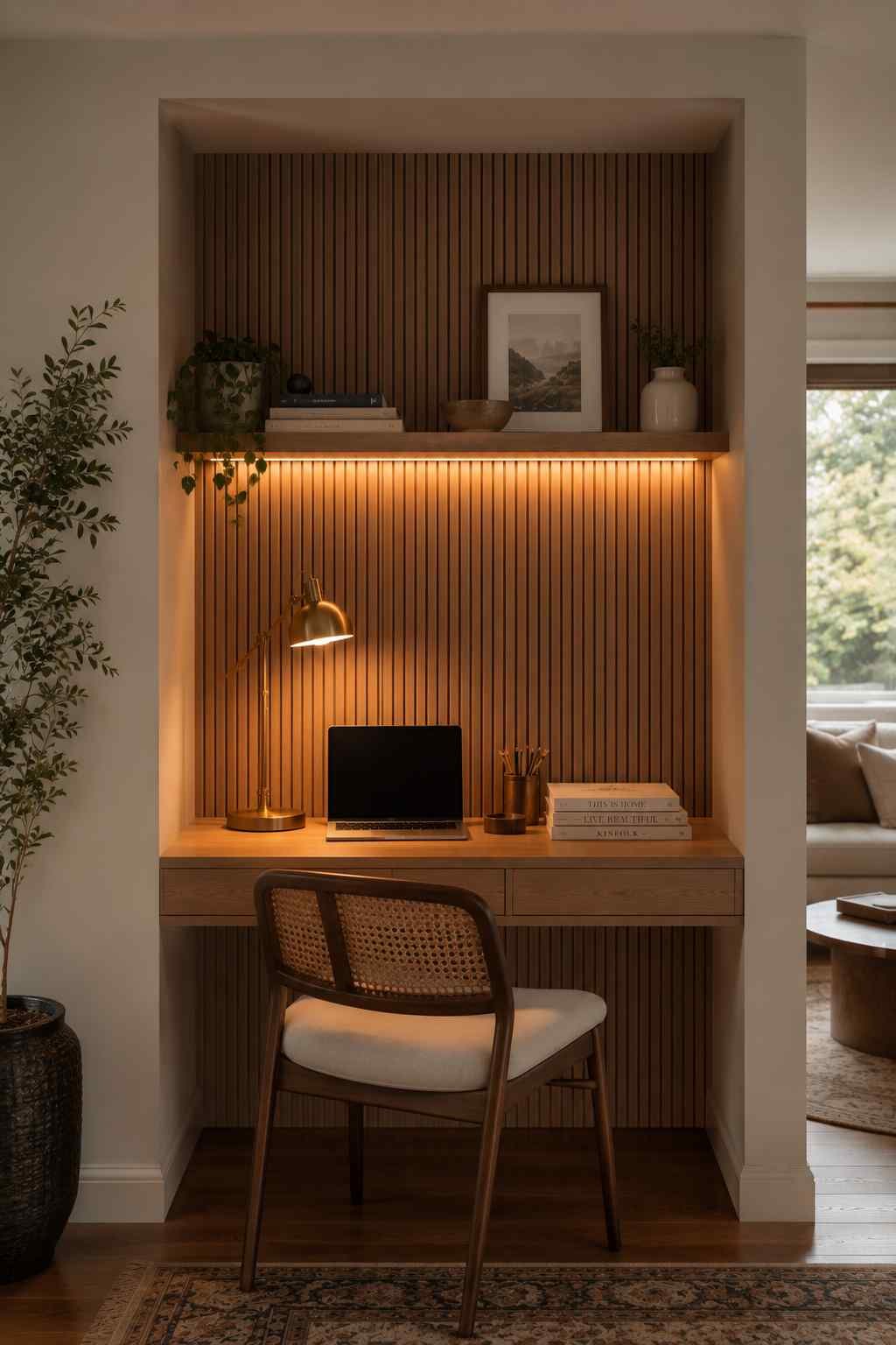 Desk built into a wall alcove lined with fluted reeded wood panels, brass task lamp, small book stack, modern luxury home office styling.