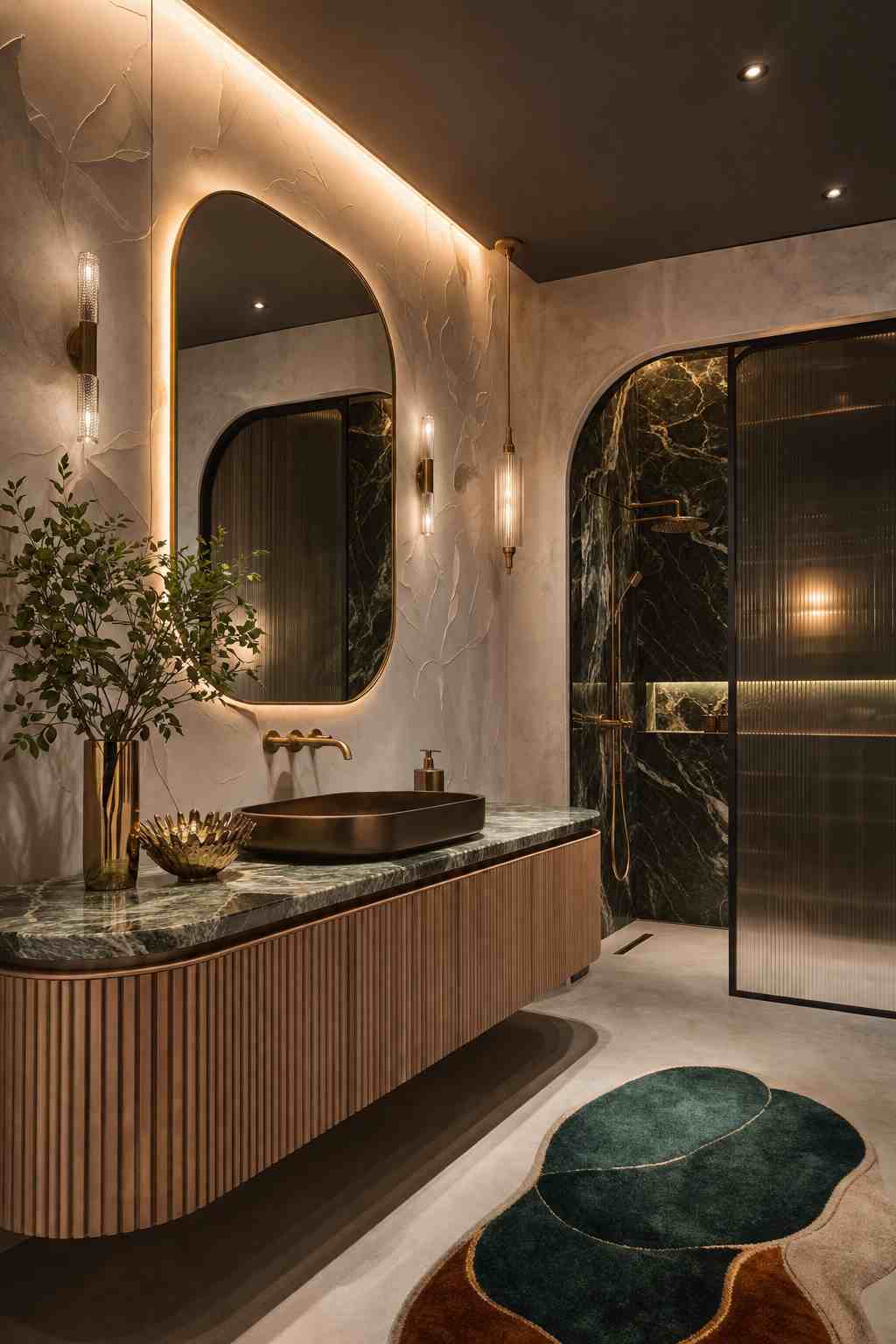 Modern luxury bathroom featuring a curved fluted wood vanity with a green marble countertop, a matte black vessel sink, a large backlit organic-shaped mirror, warm brass lighting and fixtures, a black marble walk-in shower with ribbed glass panels, and an abstract multicolored area rug creating a sophisticated spa-like atmosphere.