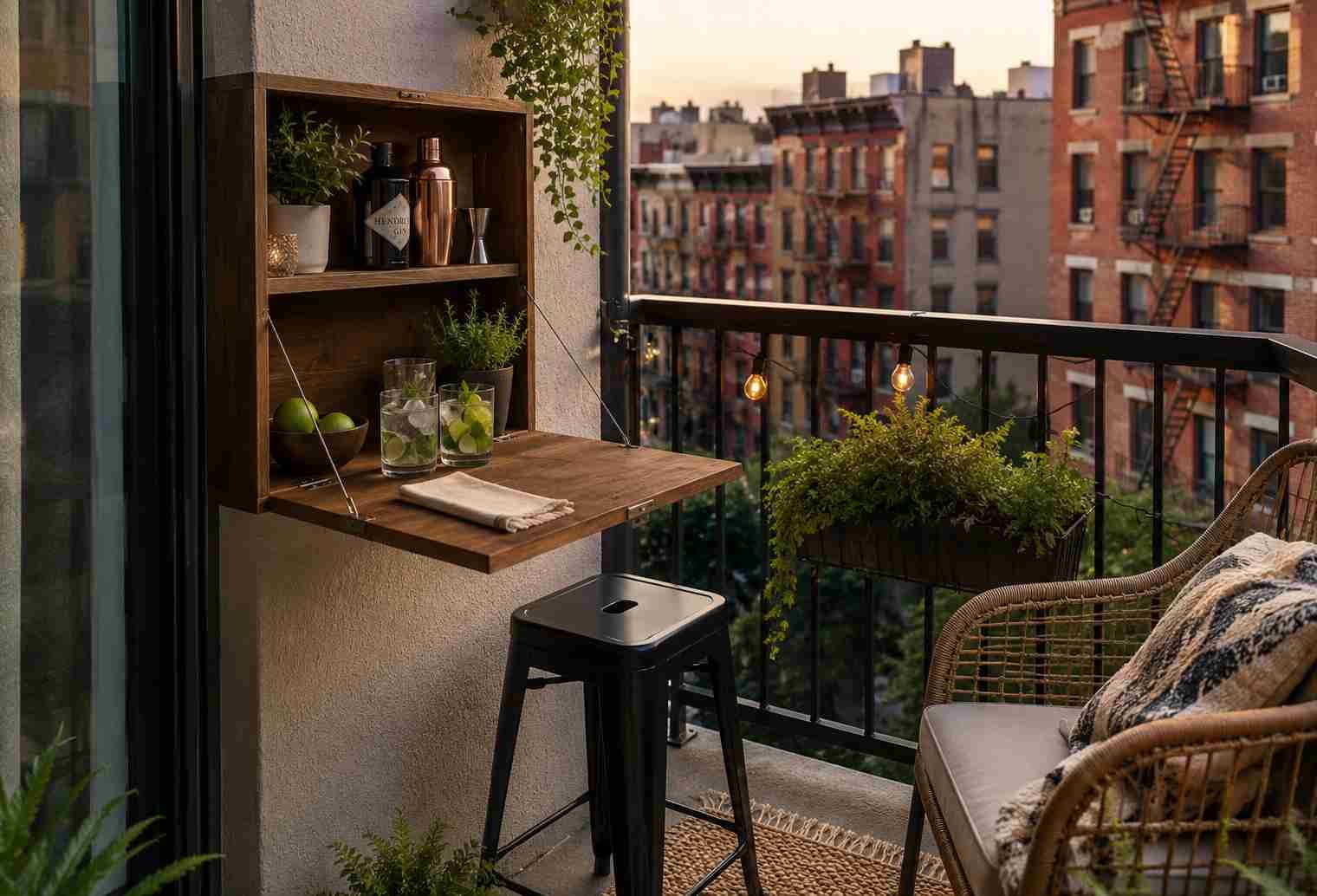 Small apartment balcony with a fold-down wall shelf bar, wicker chair, hanging planter, string lights, and modern space-saving outdoor patio decor for tiny balcony living. 