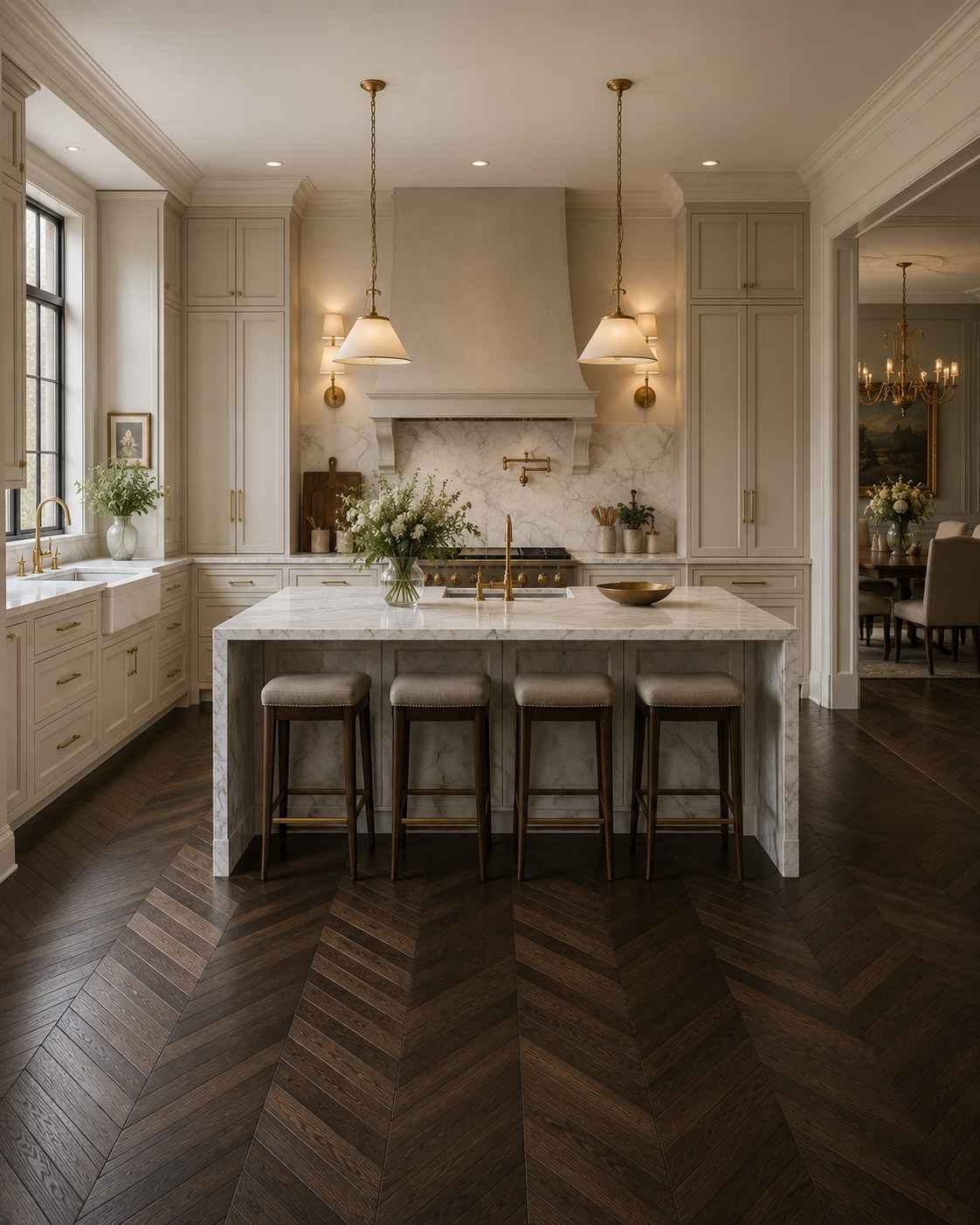 A luxurious formal kitchen featuring dark stained oak chevron parquet flooring, a large white Calacatta marble island with waterfall edges, cream cabinetry, a plaster-clad range hood, brass sconces, and elegant pendant lighting. The refined design flows seamlessly into a traditional dining room, creating a timeless, high-end architectural aesthetic.
