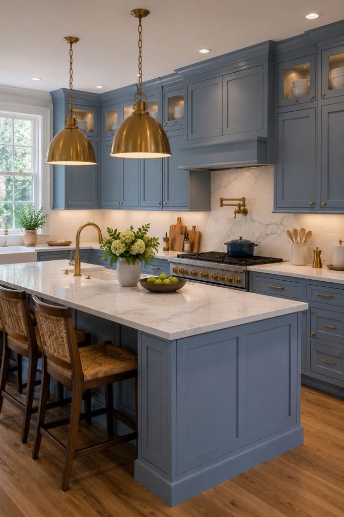 Photorealistic upscale transitional kitchen featuring soft French blue cabinets, white marble-look quartz countertops, warm brushed brass pendant lights above a large island, brass faucet and hardware, natural daylight balanced with warm interior lighting, and rich architectural details.