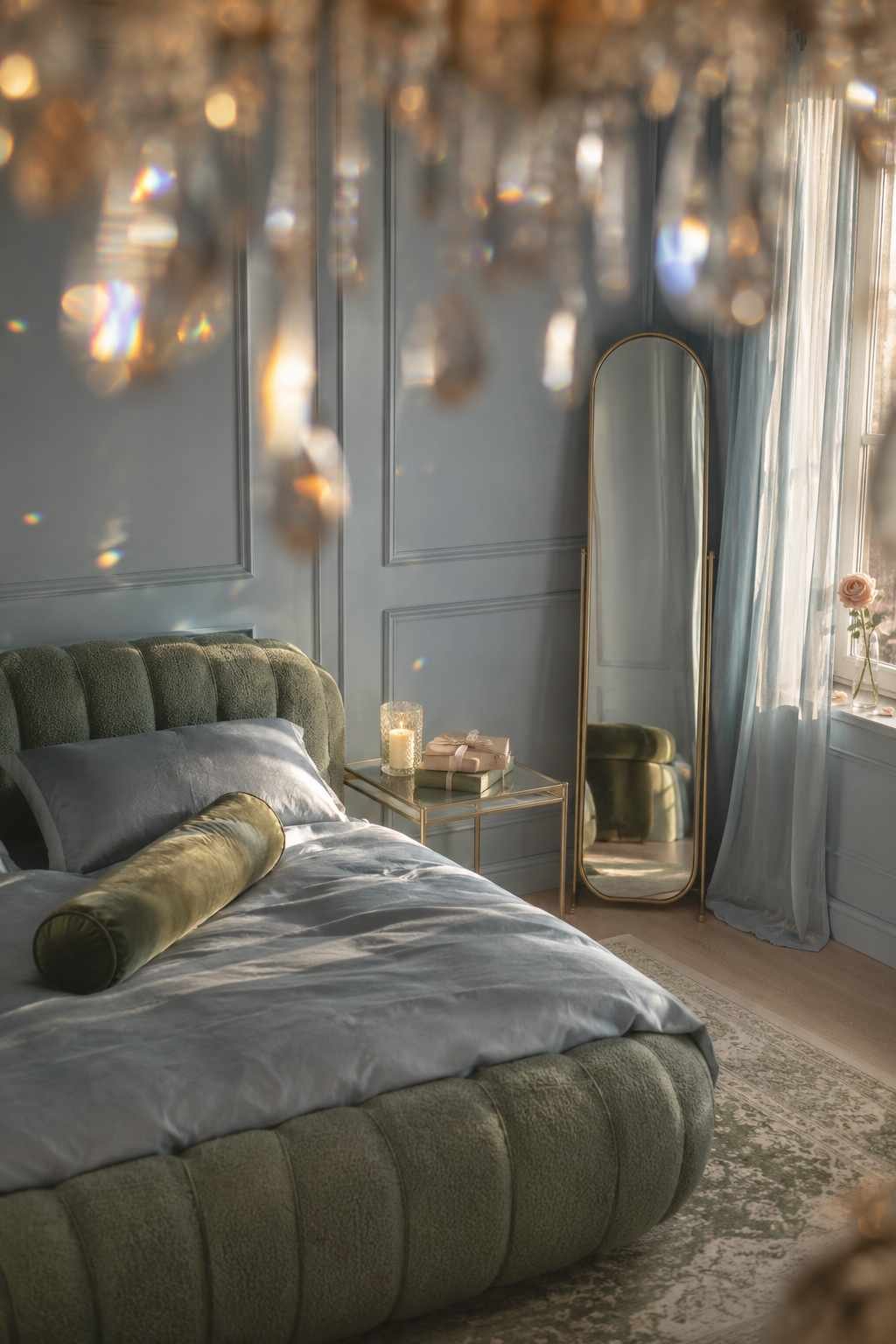 A serene bedroom with a plush olive-green upholstered bed, soft blue bedding, and elegant gold accents. Morning sunlight streams through sheer curtains, while a full-length mirror, glowing candle, and crystal chandelier create a bright, peaceful space with a touch of luxury. 
