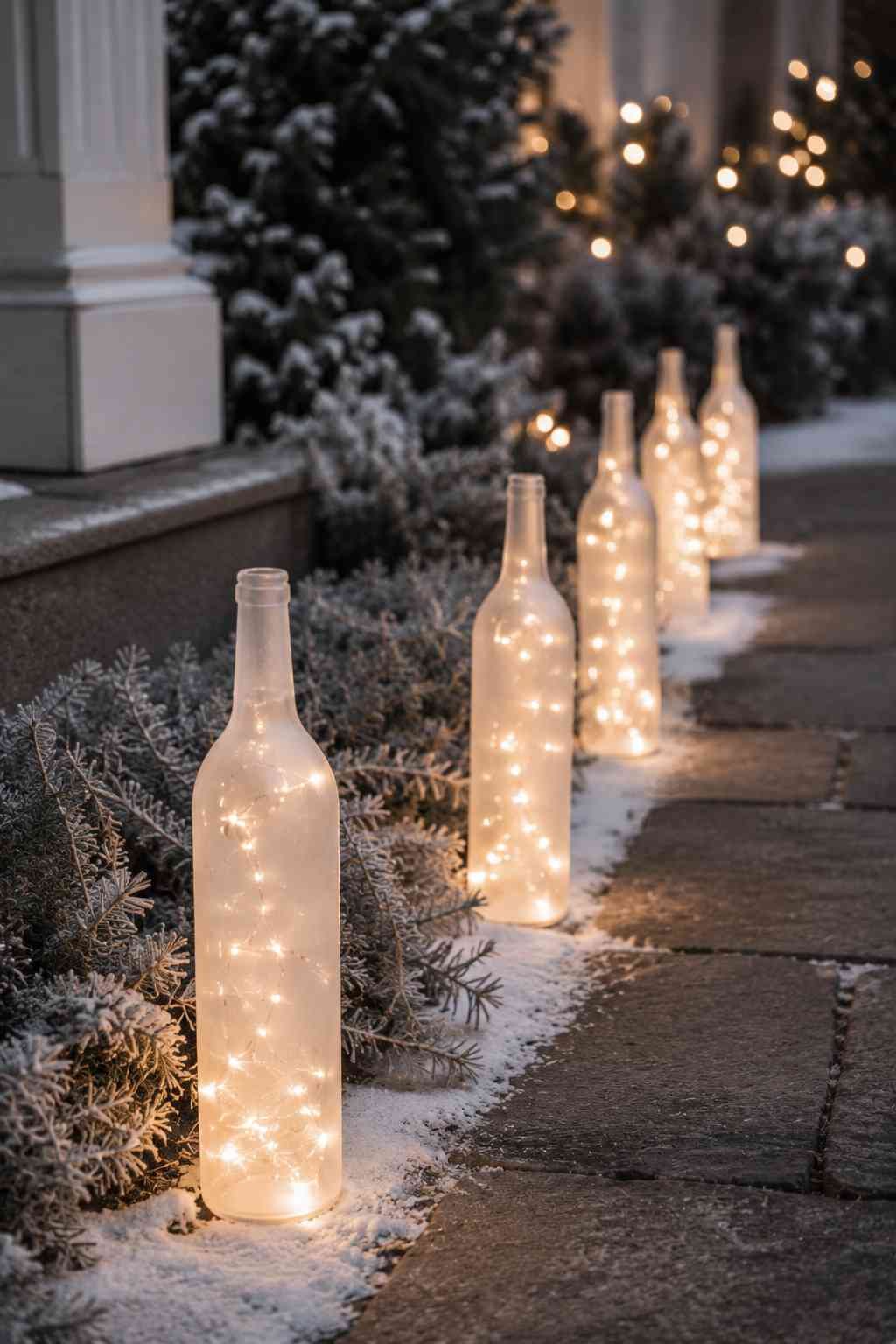 Frosted glass bottles filled with warm white fairy lights line a snowy garden path outside a home at dusk.