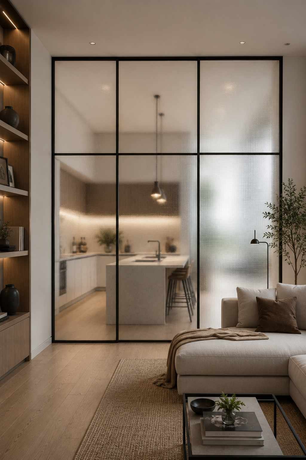 A modern home featuring a floor-to-ceiling frosted glass partition with a slim black metal frame separating the kitchen from the living room. The frosted glass softly hides the kitchen while still letting natural light flow through, creating a bright, open feel with added privacy and a clean, contemporary look.