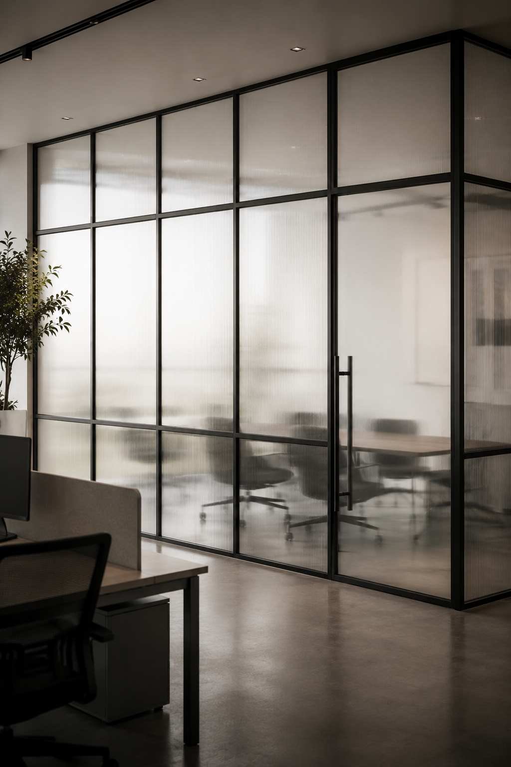 Black steel-framed frosted glass partition wall dividing a modern open-plan office 