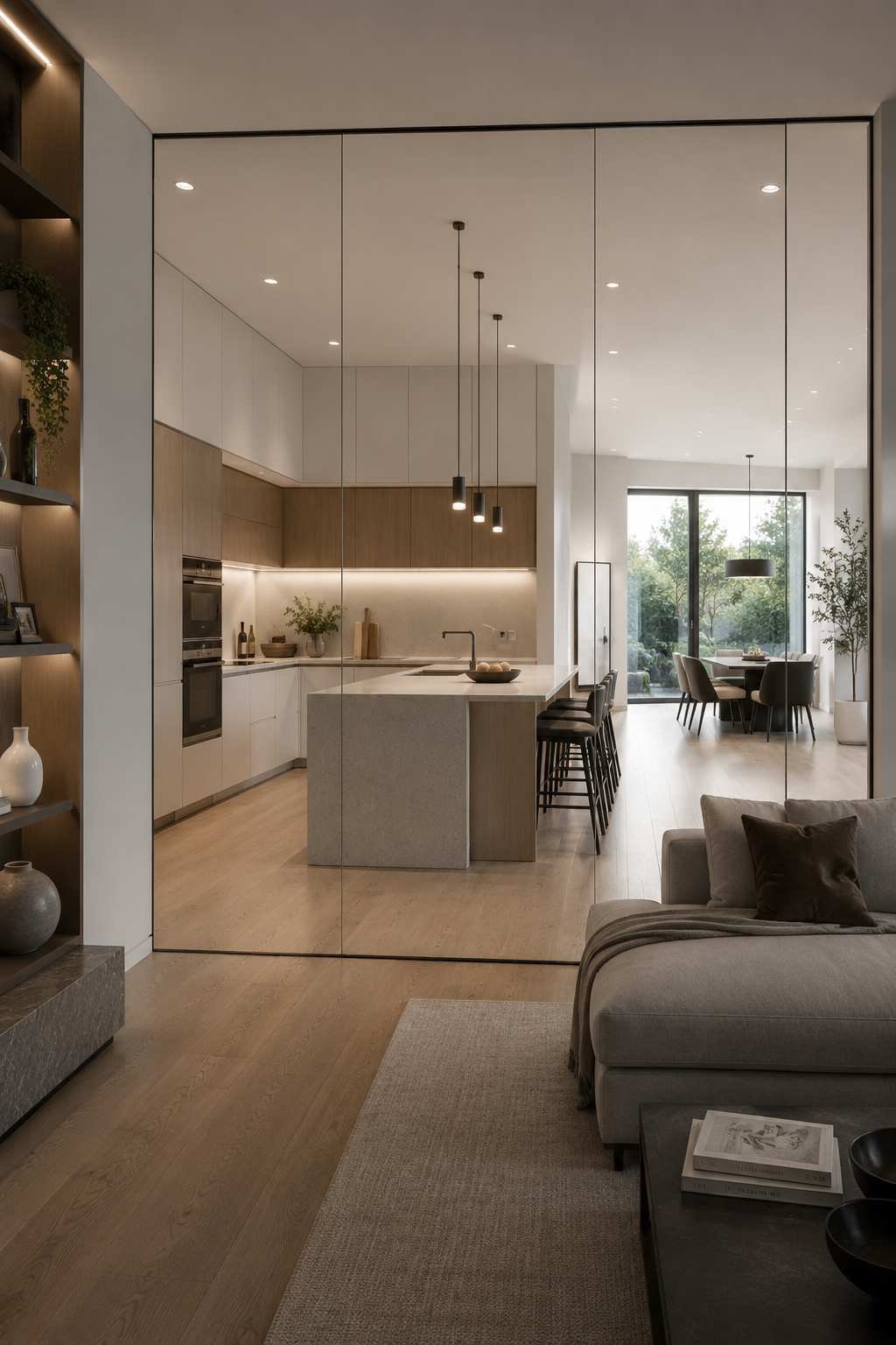 A bright, modern home with a floor-to-ceiling clear glass partition that separates the kitchen from the living room without blocking the view. The sleek, frameless glass keeps both spaces feeling open and connected, while the clean kitchen with a large island and the cozy living area create a stylish, airy atmosphere filled with natural light.