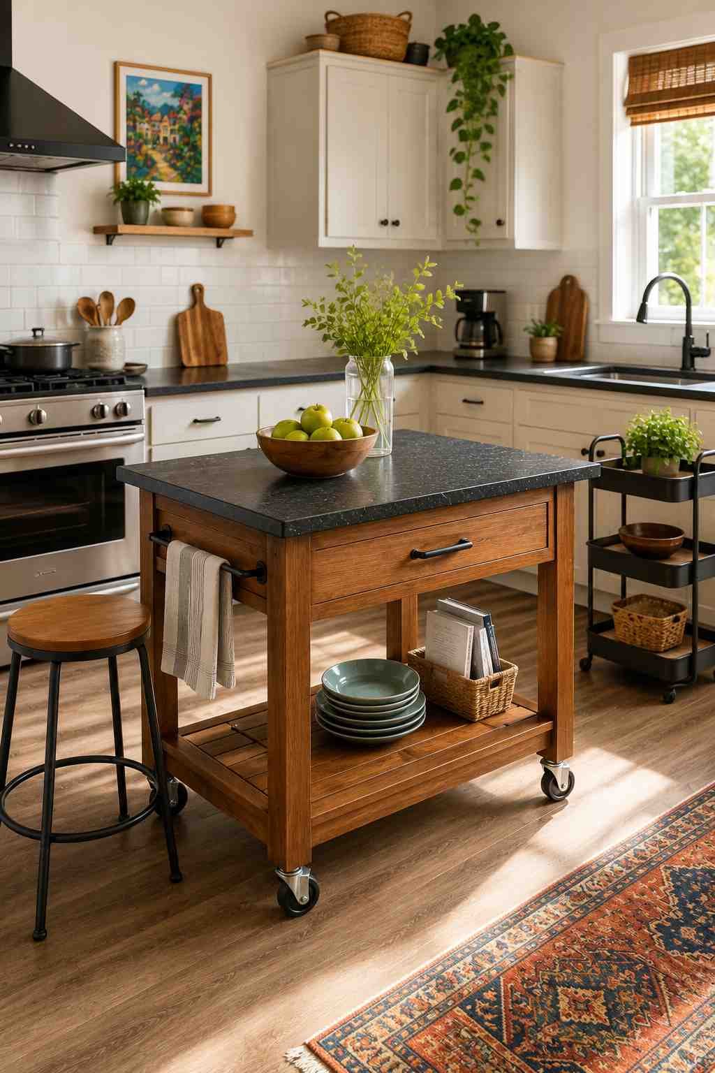 Furniture-style freestanding kitchen island with a black leathered granite countertop, visible locking castors, open lower shelf, warm wood finish, bar stool, rolling utility cart, and neutral cabinetry in a bright small kitchen.
