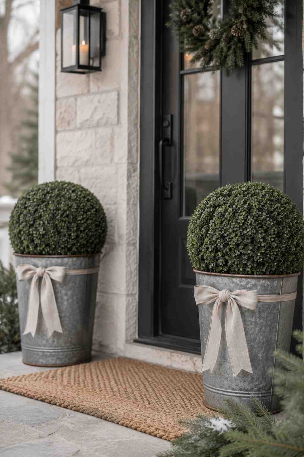 Two potted topiary shrubs tied with cream ribbon bows decorate a welcoming front porch entrance.