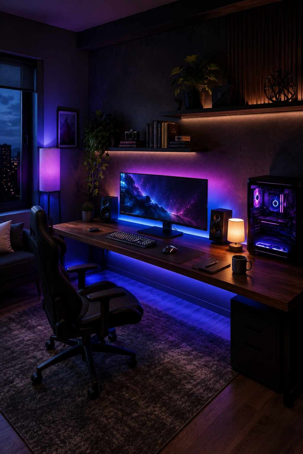 A modern gaming room with layered ambient lighting, featuring soft LED backlighting behind an ultrawide monitor, under-desk blue accent lighting, a purple smart floor lamp, a warm desk lamp, a clean wooden desk, a gaming PC with subtle RGB lighting, and a cozy evening atmosphere designed for both gaming and everyday use.