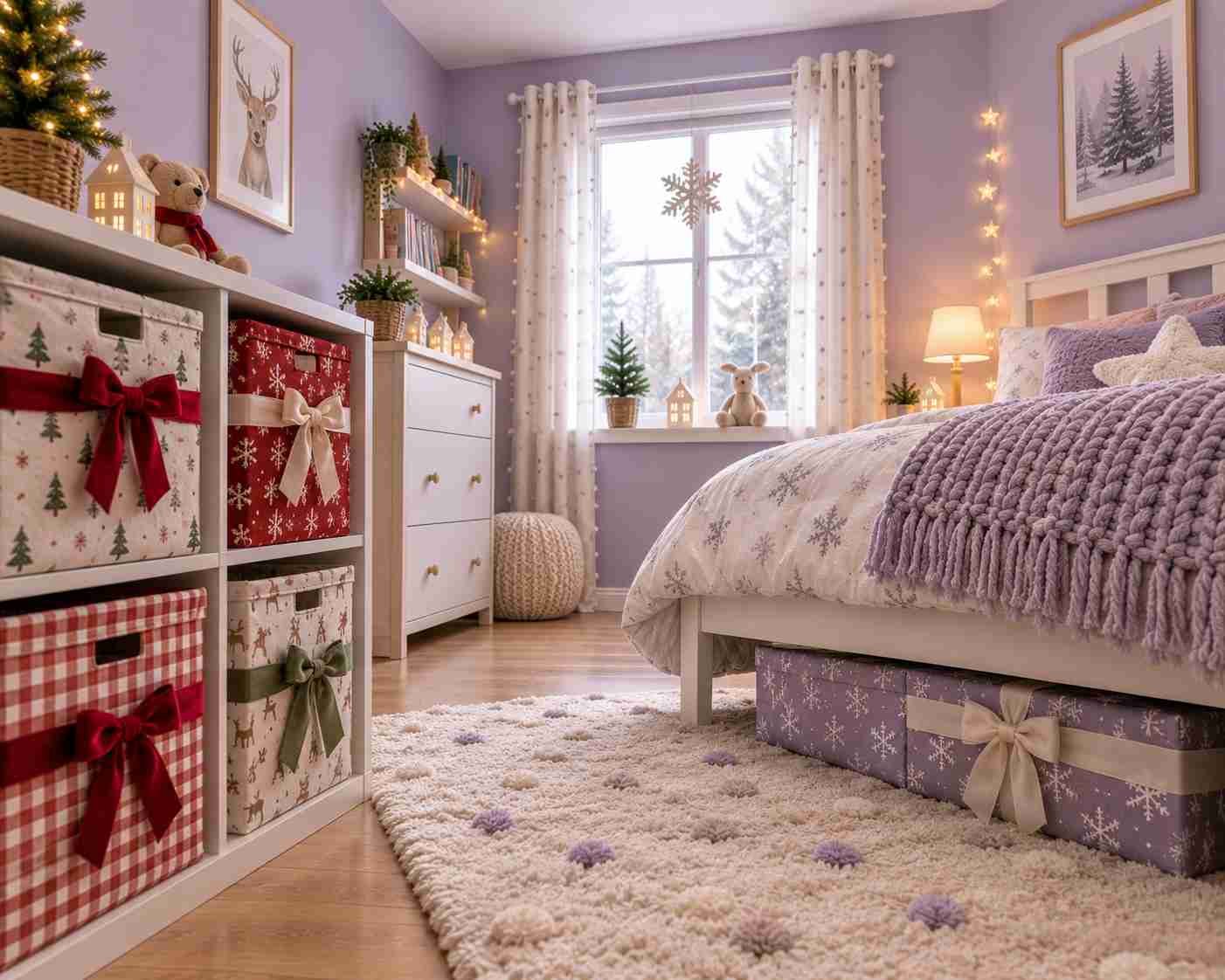 Lavender kids' bedroom decorated for Christmas with gift boxes, fairy lights, soft blankets, and cozy winter accents.