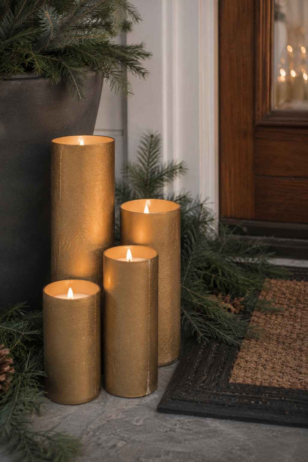Four gold pillar candle lanterns with glowing flames sit beside evergreen branches on a festive front porch.