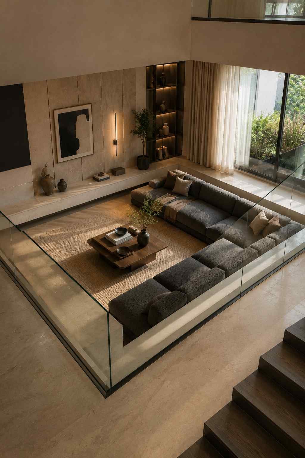 Modern sunken living room with a double-height ceiling, minimalist furniture, and soft natural light.