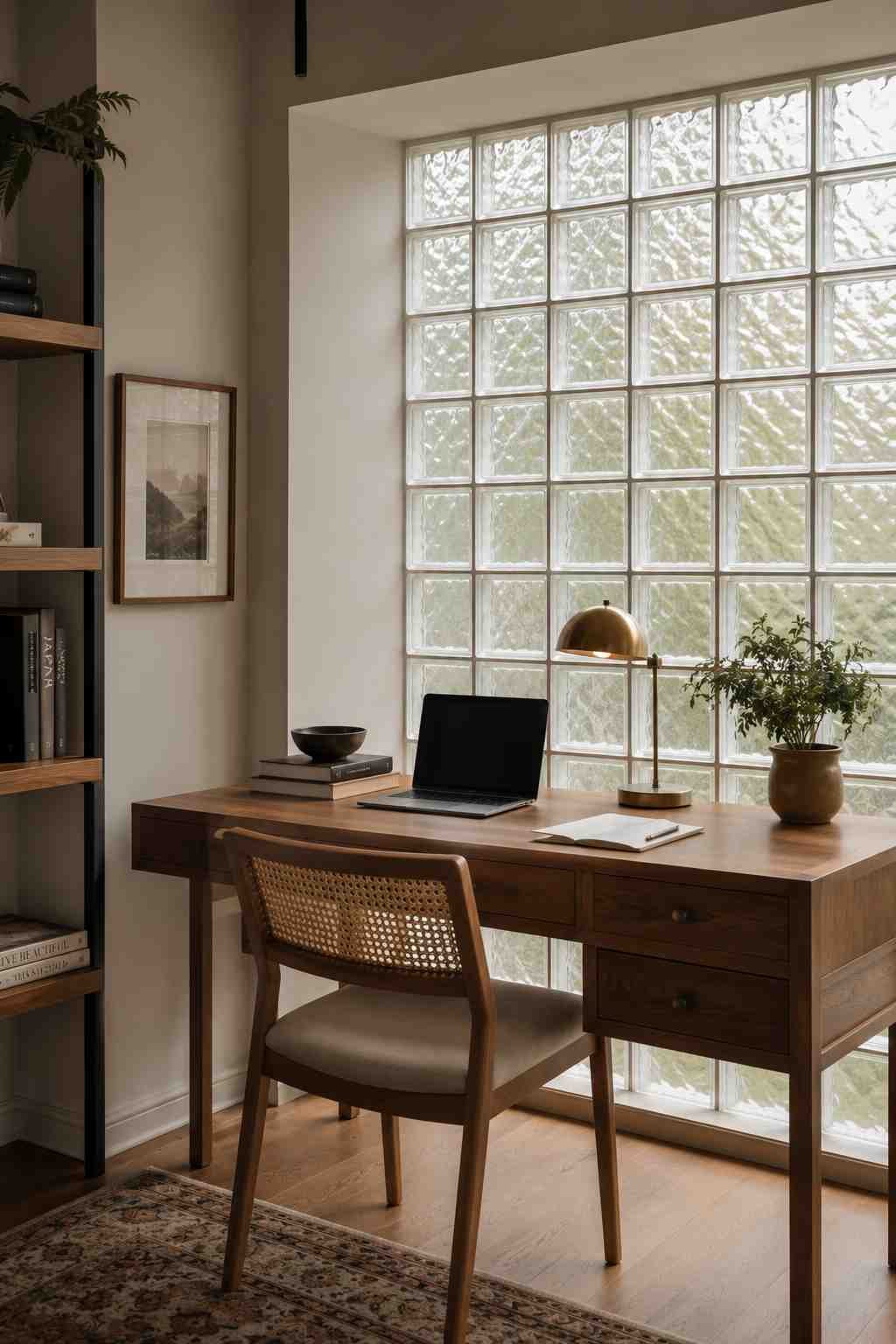 Desk positioned beside a glass block wall with soft diffused daylight, warm wood surface, and a small styled book stack.