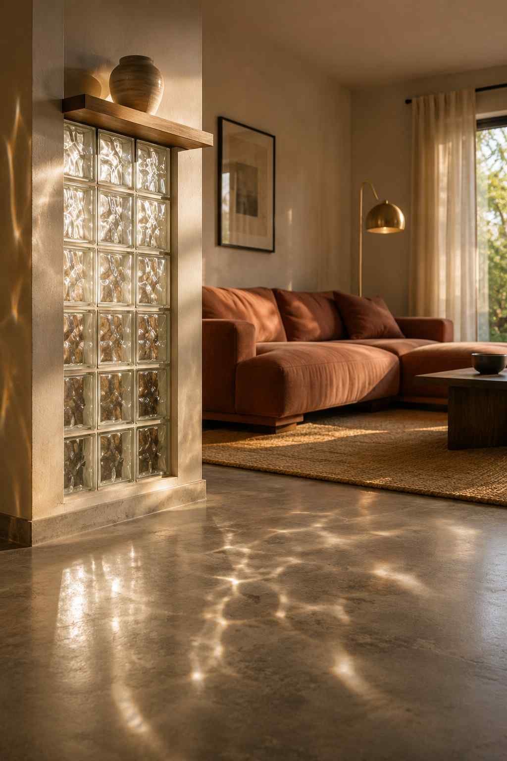 Glass block partition wall bringing natural light into a cozy modern living room with warm neutral decor.