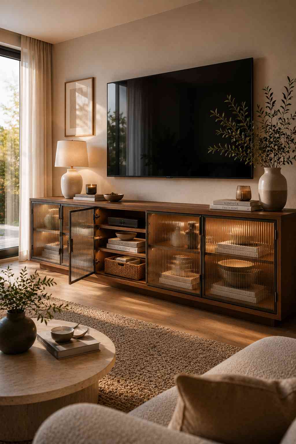 A warm, modern living room featuring a wooden TV unit with fluted glass cabinet doors and soft interior lighting. One cabinet is open to reveal neatly arranged books, baskets, and dรฉcor, while the textured glass gently showcases the rest of the collection, creating a stylish display without exposing everything.